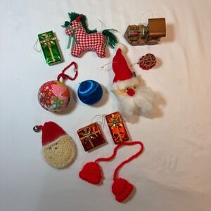 Vintage Christmas Ornament Lot Mixed Media Wood Crochet Fabric 11pc Train Santa